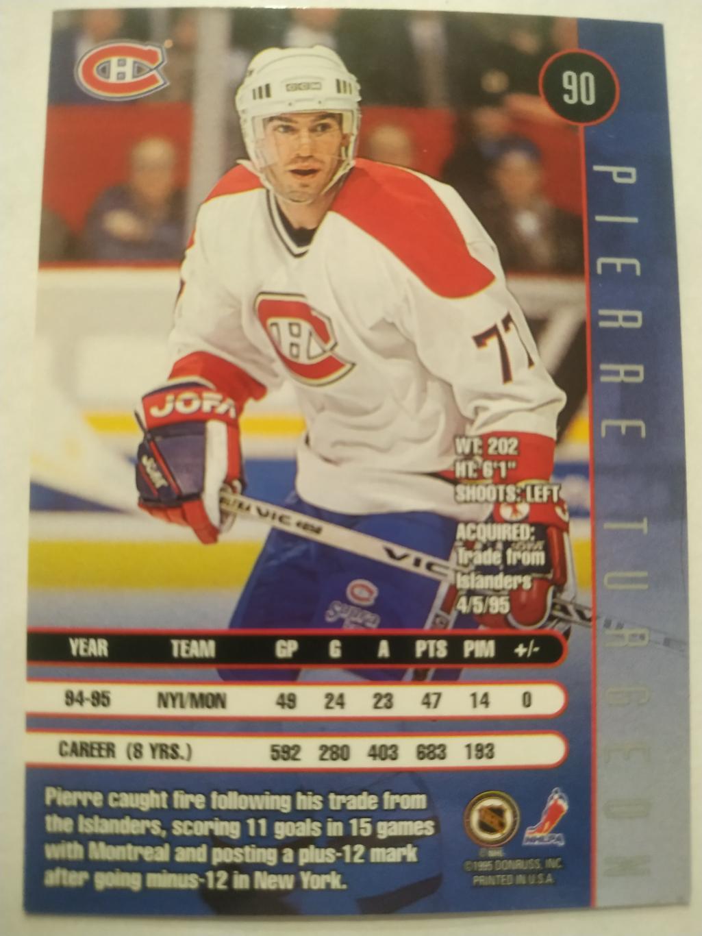 ХОККЕЙ КАРТОЧКА НХЛ DONRUSS LEAF 1995-96 PIERRE TURGEON MONTREAL CANADIENS #90 1