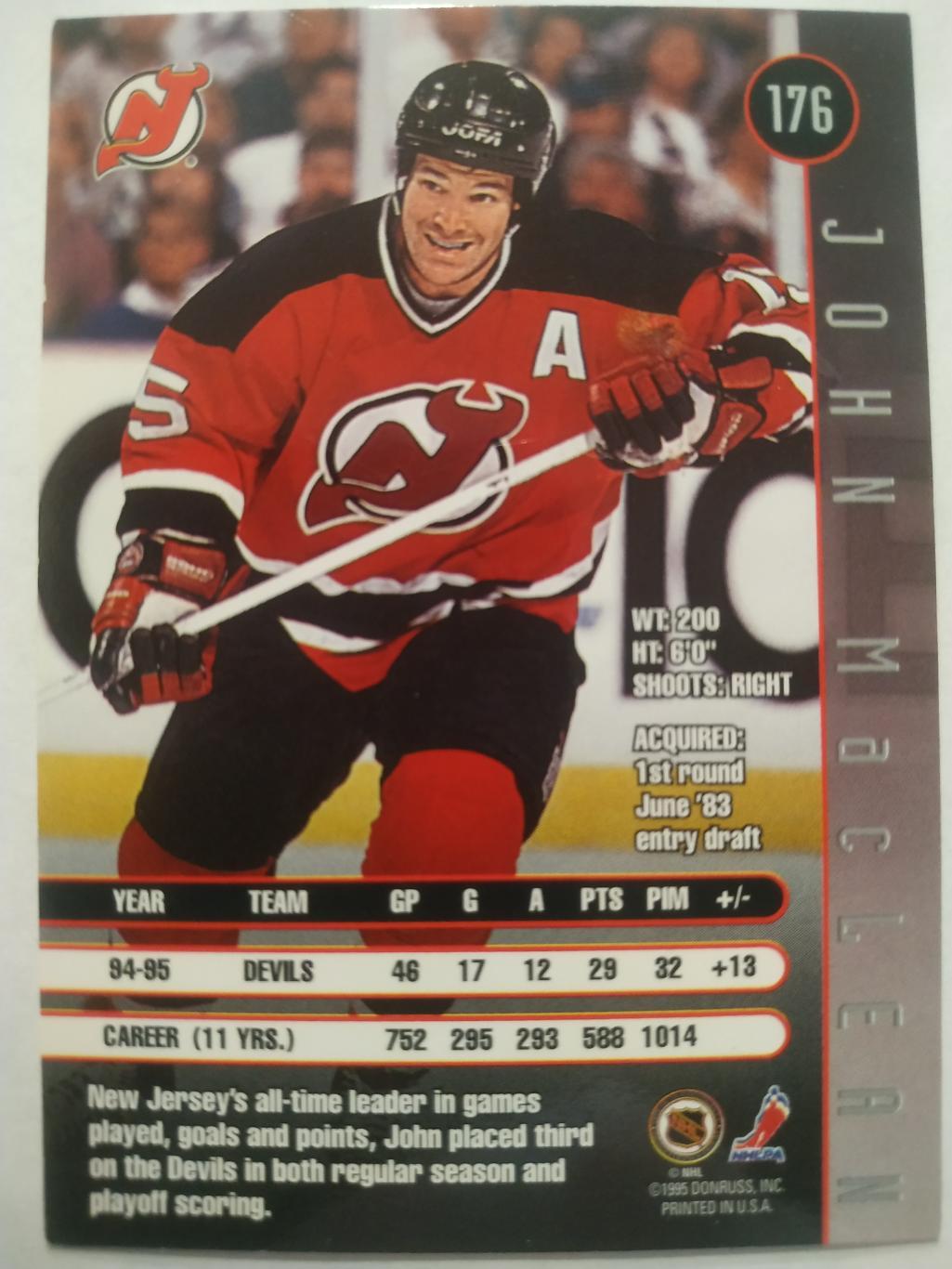 ХОККЕЙ КАРТОЧКА НХЛ DONRUSS LEAF 1995-96 JOHN MACLEAN NEW JERSEY DEVILS #176 1