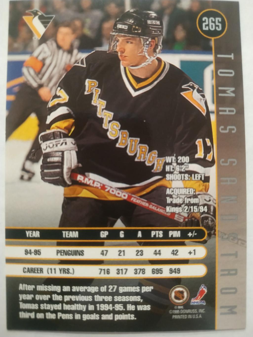 ХОККЕЙ КАРТОЧКА НХЛ DONRUSS LEAF 1995-96 TOMAS SANDSTROM PITTSBURGH #265 1