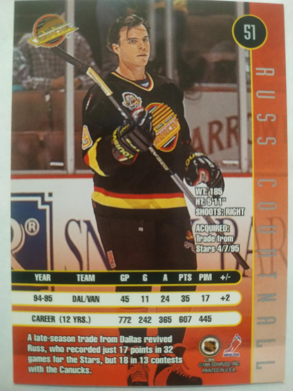 ХОККЕЙ КАРТОЧКА НХЛ DONRUSS LEAF 1995-96 RUSS COURTNALL VANCOUVER CANUCKS #51 1