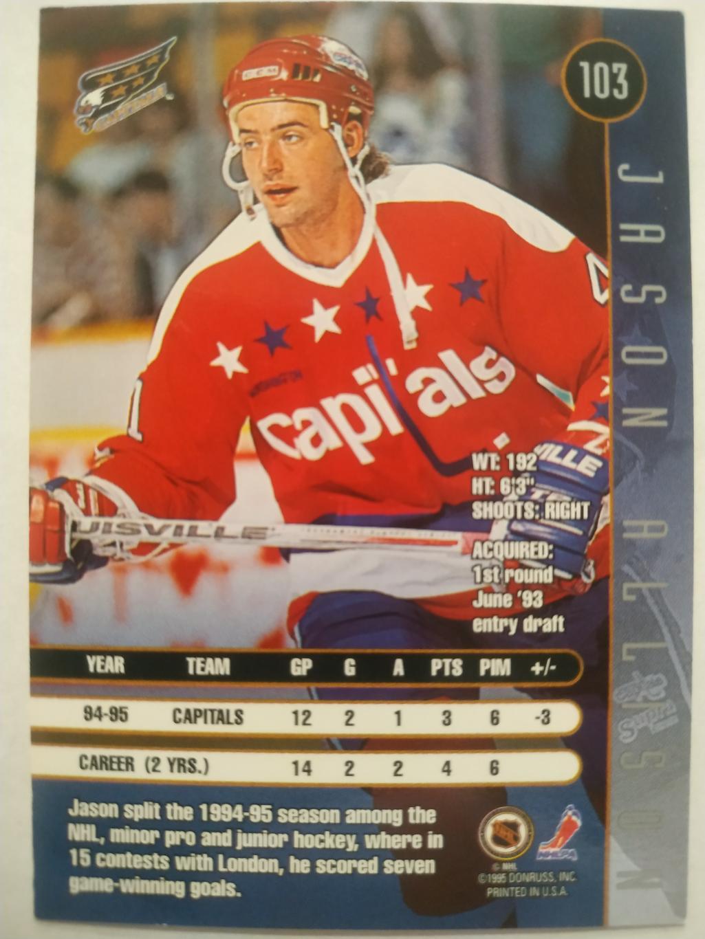 ХОККЕЙ КАРТОЧКА НХЛ DONRUSS LEAF 1995-96 JASON ALLISON WASHINGTON CAPITALS #103 1