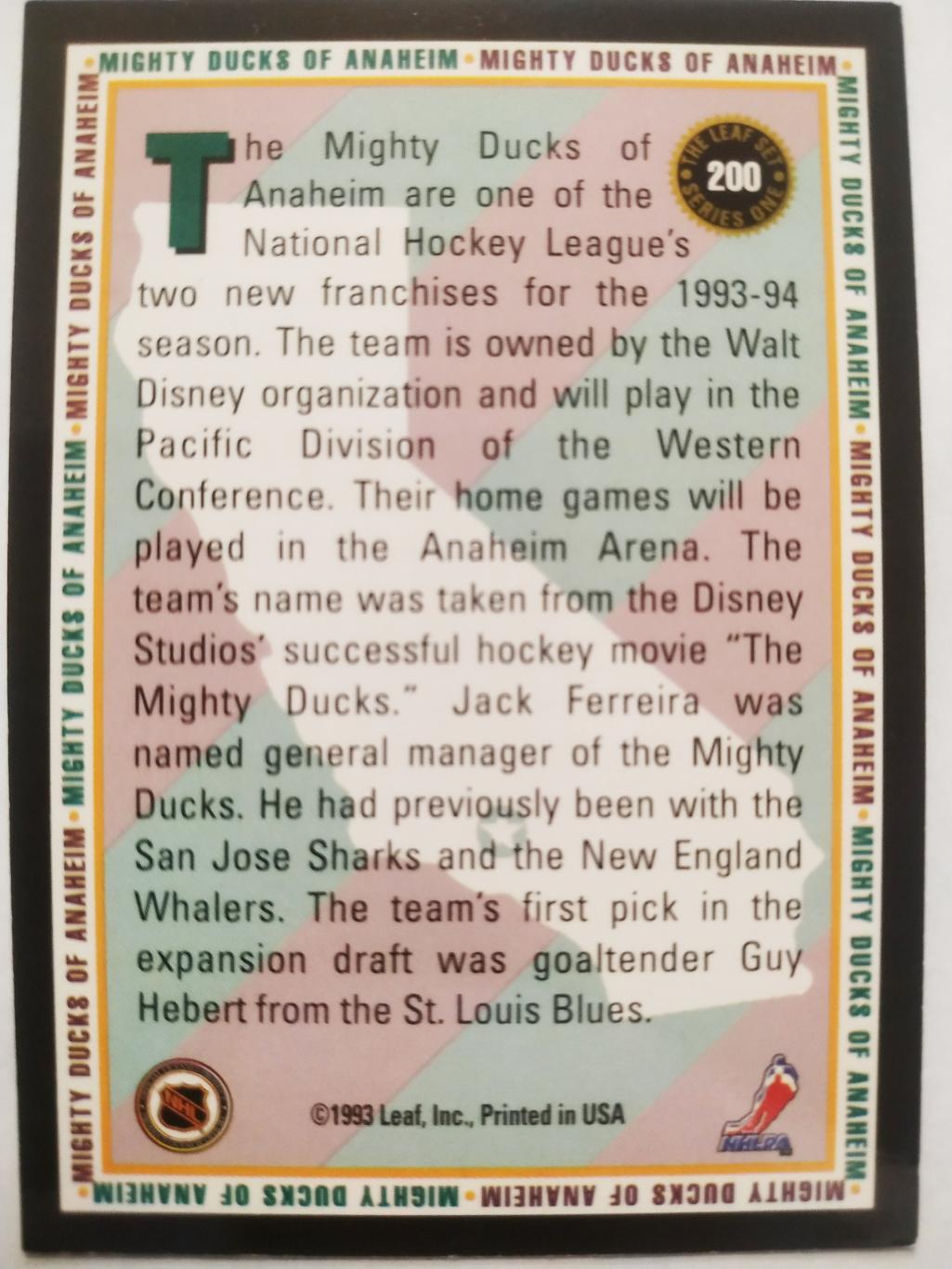 ХОККЕЙ КАРТОЧКА НХЛ LEAF SET SERIES ONE 1993-94 MIGHTY DUCKS ANAHEIM TEAM #200 1