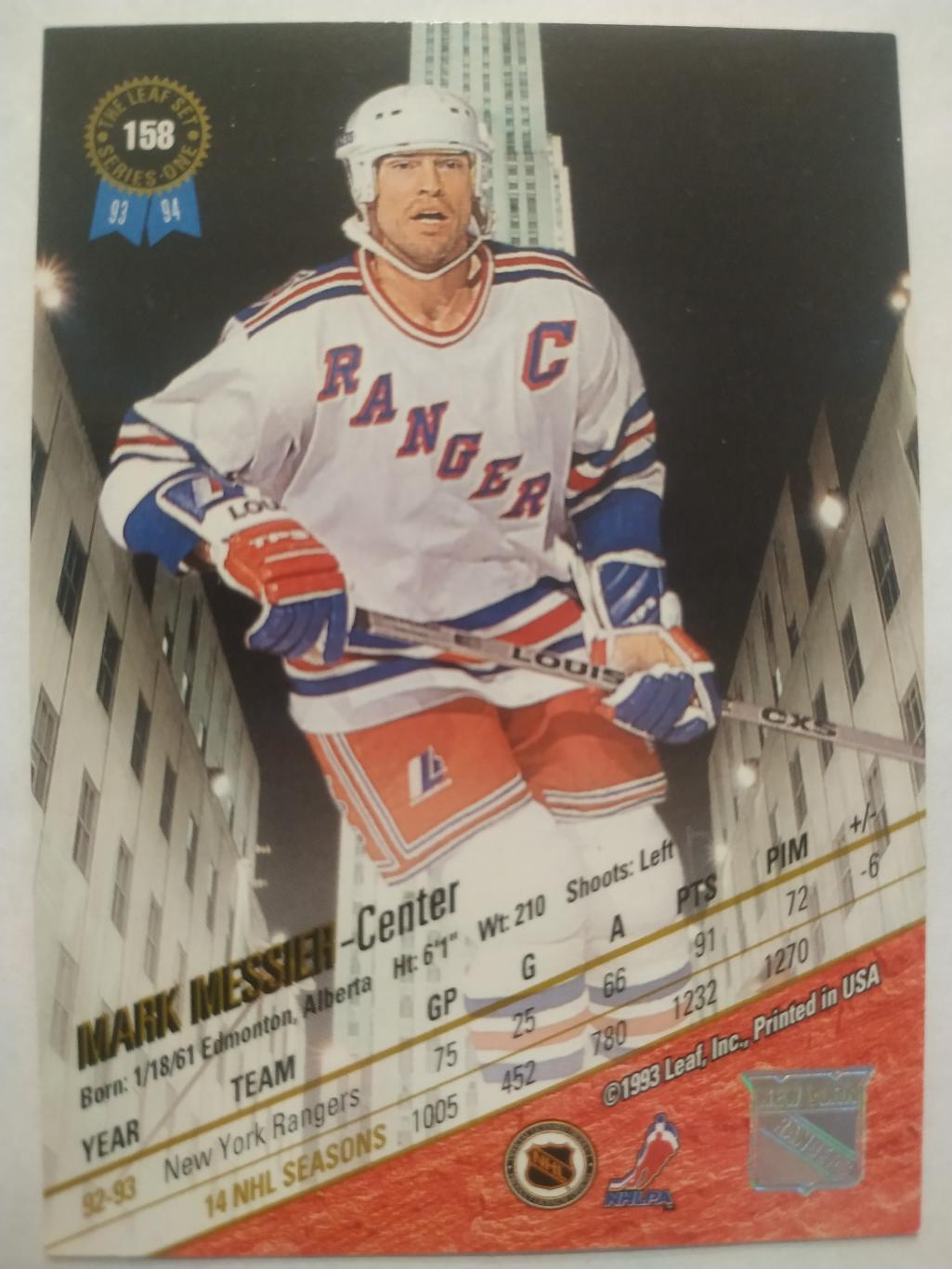 ХОККЕЙ КАРТОЧКА НХЛ LEAF SET SERIES ONE 1993-94 MARK MESSIER RANGERS #158 1