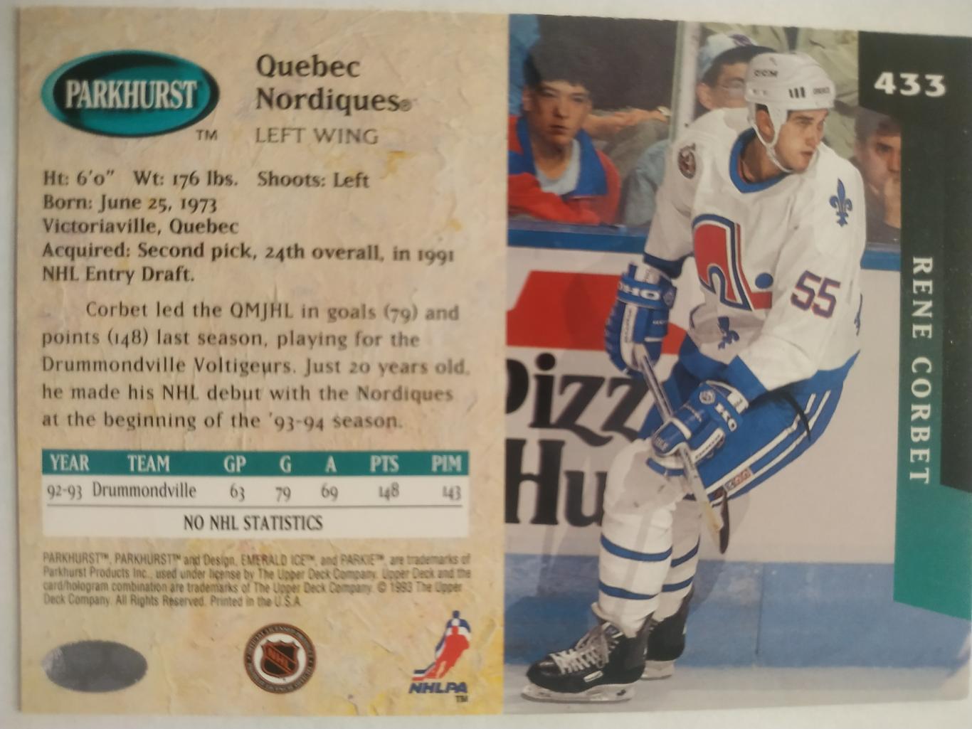 ХОККЕЙ КАРТОЧКА НХЛ PARKHURST 1993-94 NHL RENE CORBET QUEBEC NORDIQUES #433 1