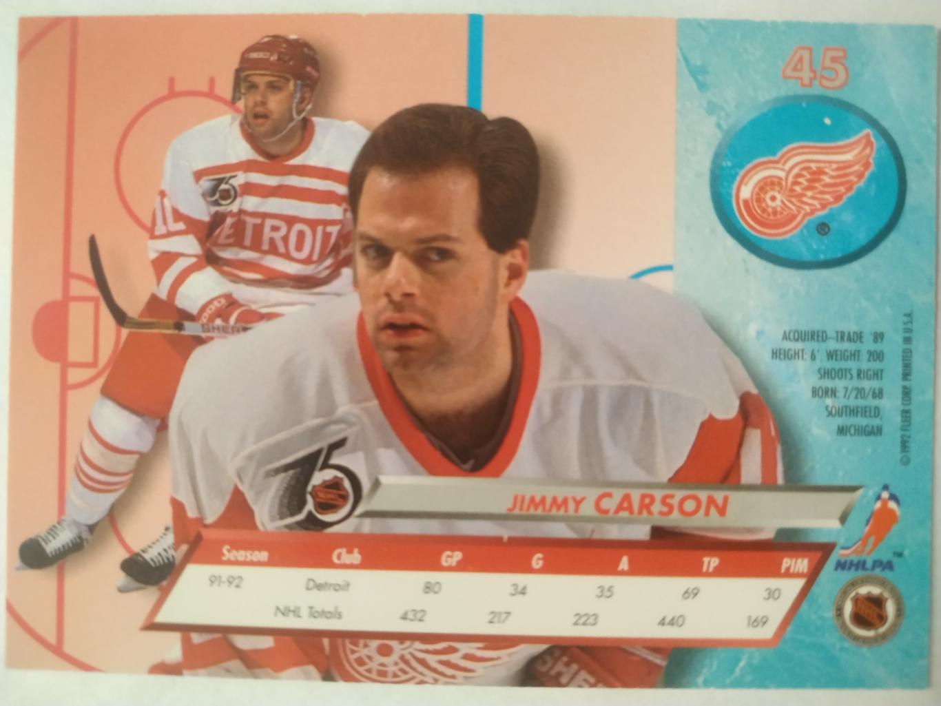 ХОККЕЙ КАРТОЧКА НХЛ FLEER ULTRA 1992-93 NHL JIMMY CARSON DETROIT RED WINGS #45 1