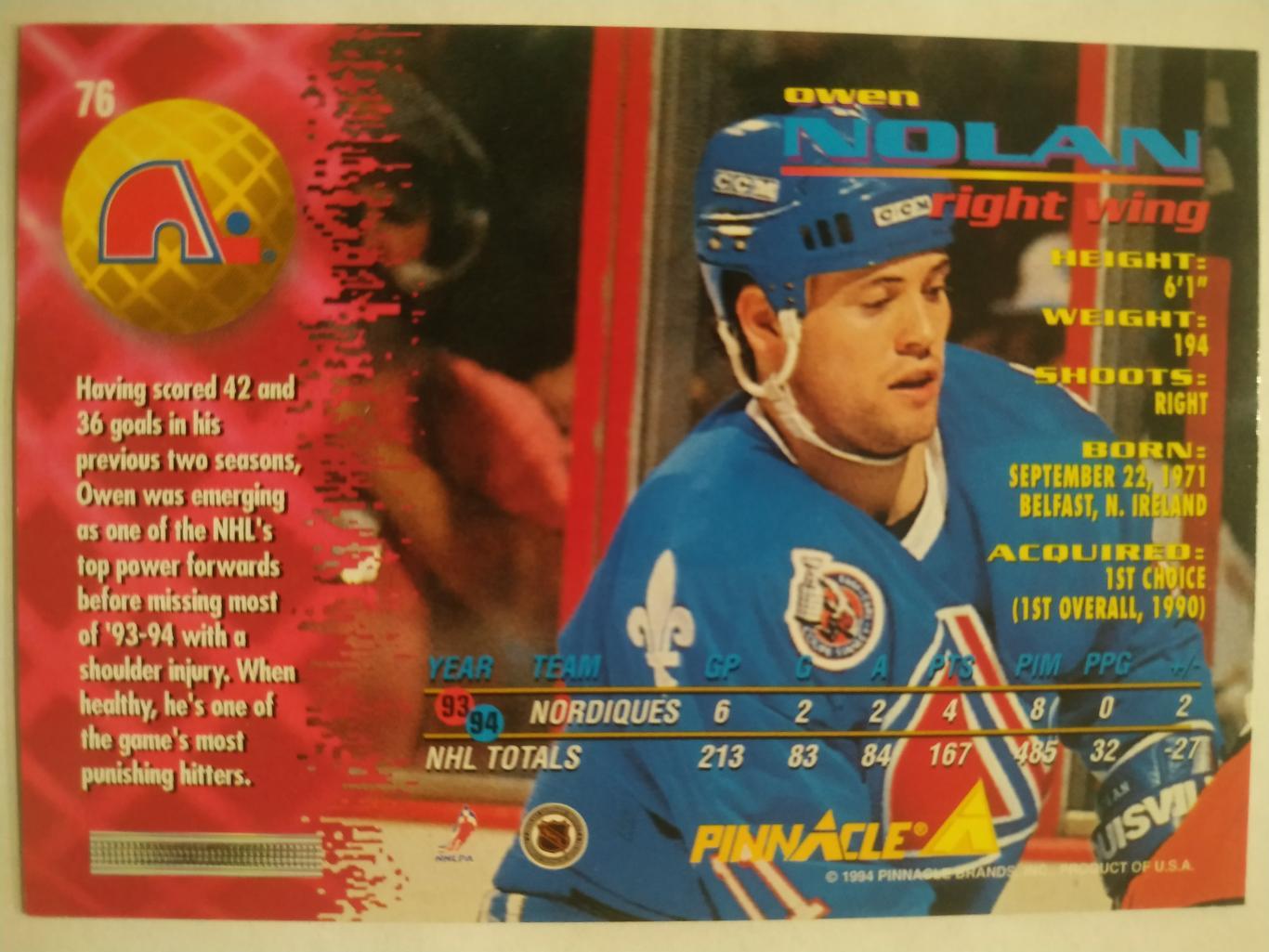 ХОККЕЙ КАРТОЧКА НХЛ PINNACLE 1994-95 NHL OWEN NOLAN QUEBEC NORDIQUES #76 1