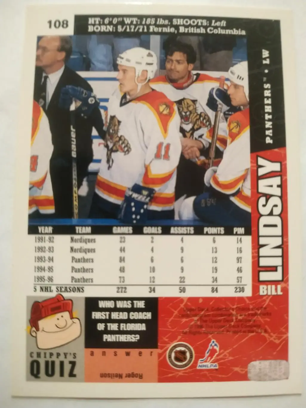ХОККЕЙ КАРТОЧКА НХЛ UPPER DECK 1996-97 NHL BILL LINDSAY FLORIDA PANTHERS #108 1