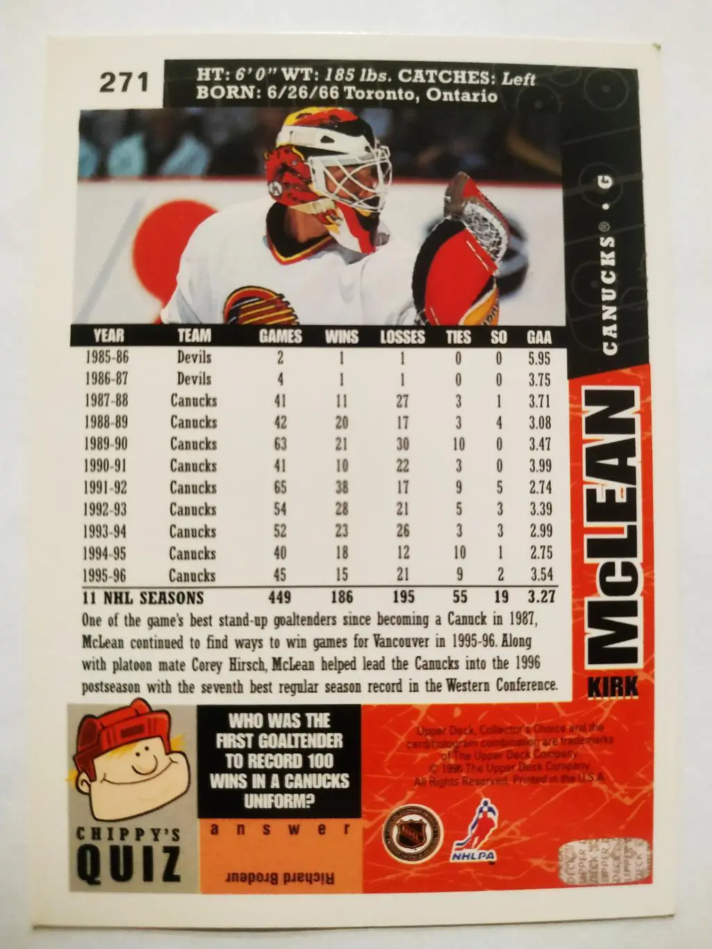 ХОККЕЙ КАРТОЧКА НХЛ UPPER DECK 1996-97 NHL KIRK MCLEAN VANCOUVER CANUCKS #271 1