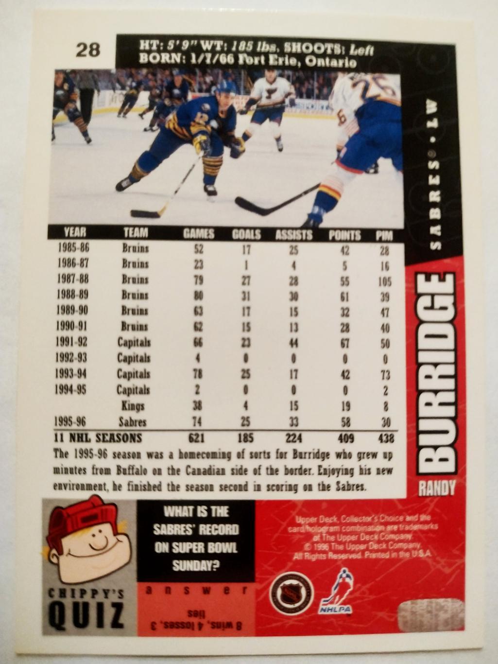 ХОККЕЙ КАРТОЧКА НХЛ UPPER DECK 1996-97 NHL RANDY BURRIDGE BUFFALO SABRES #28 1