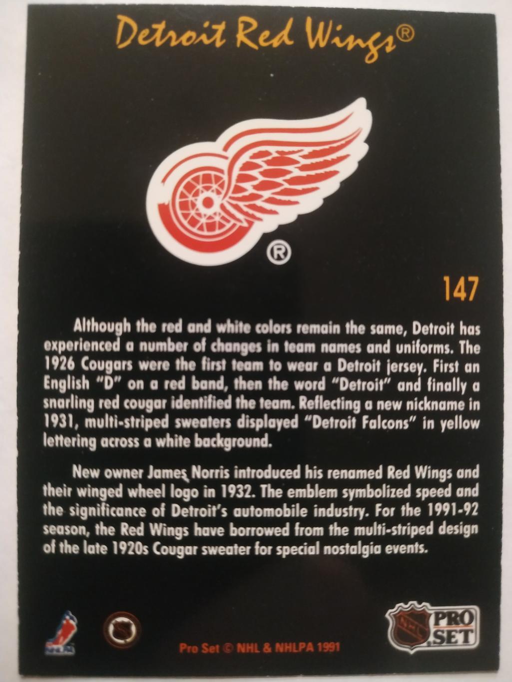 ХОККЕЙ КАРТОЧКА НХЛ PRO SET PLATINUM 1992 NHL DETROIT RED WINGS #147 1