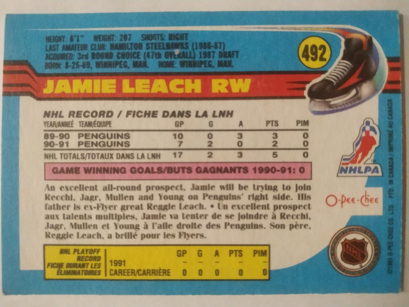 ХОККЕЙ КАРТОЧКА НХЛ O-PEE-CHEE 1991-92 NHL JAMIE LEACH PITTSBURGH PENGUINS #492 1