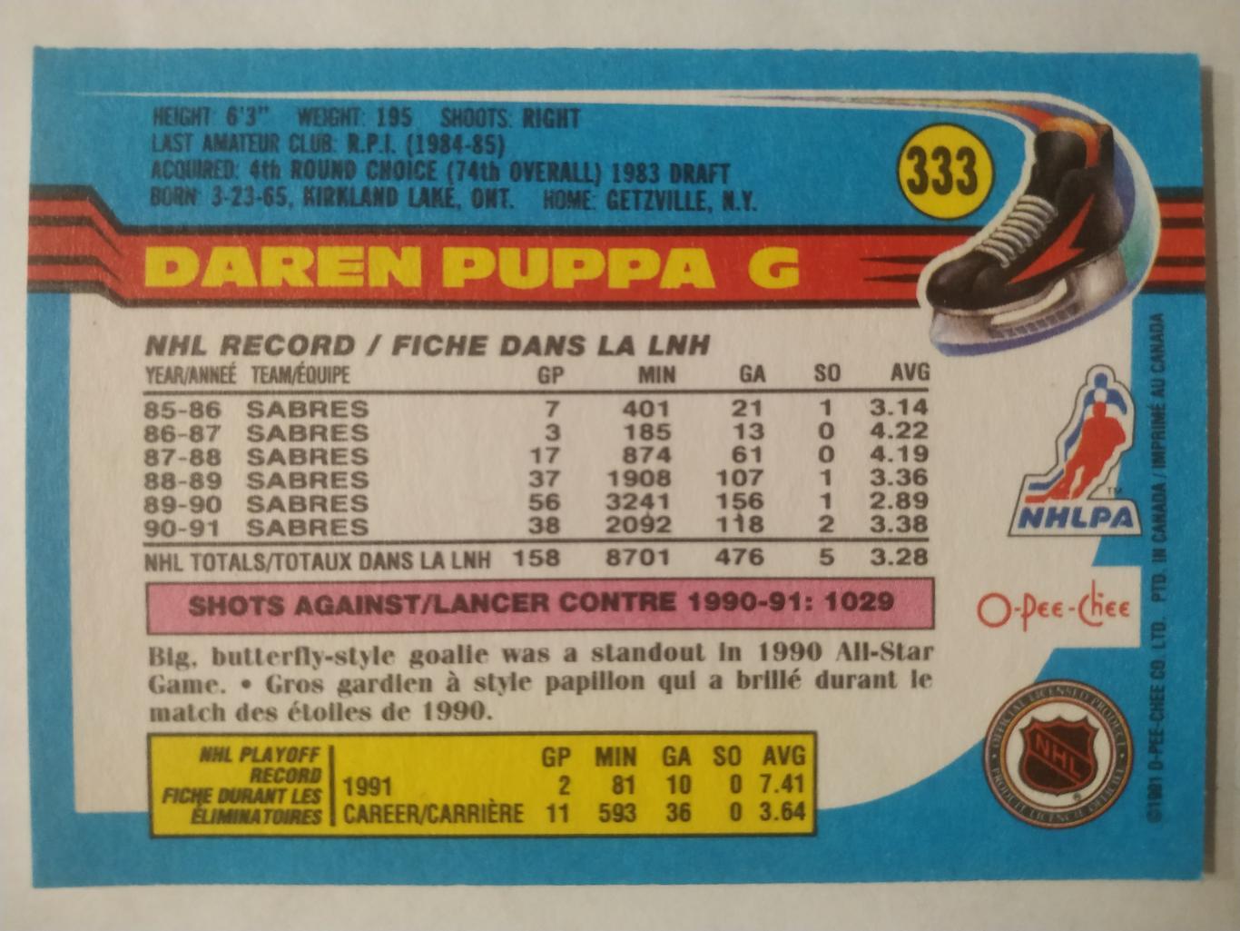 ХОККЕЙ КАРТОЧКА НХЛ O-PEE-CHEE 1991-92 NHL DAREN PUPPA BUFFALO SABRES #333 1