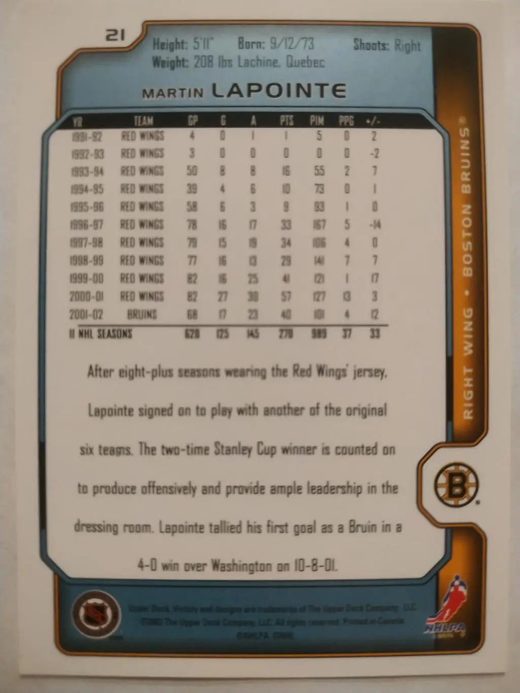 ХОККЕЙ КАРТОЧКА НХЛ UPPER DECK VICTORY 2002-03 NHL MARTIN LAPOINTE BOSTON #21 1