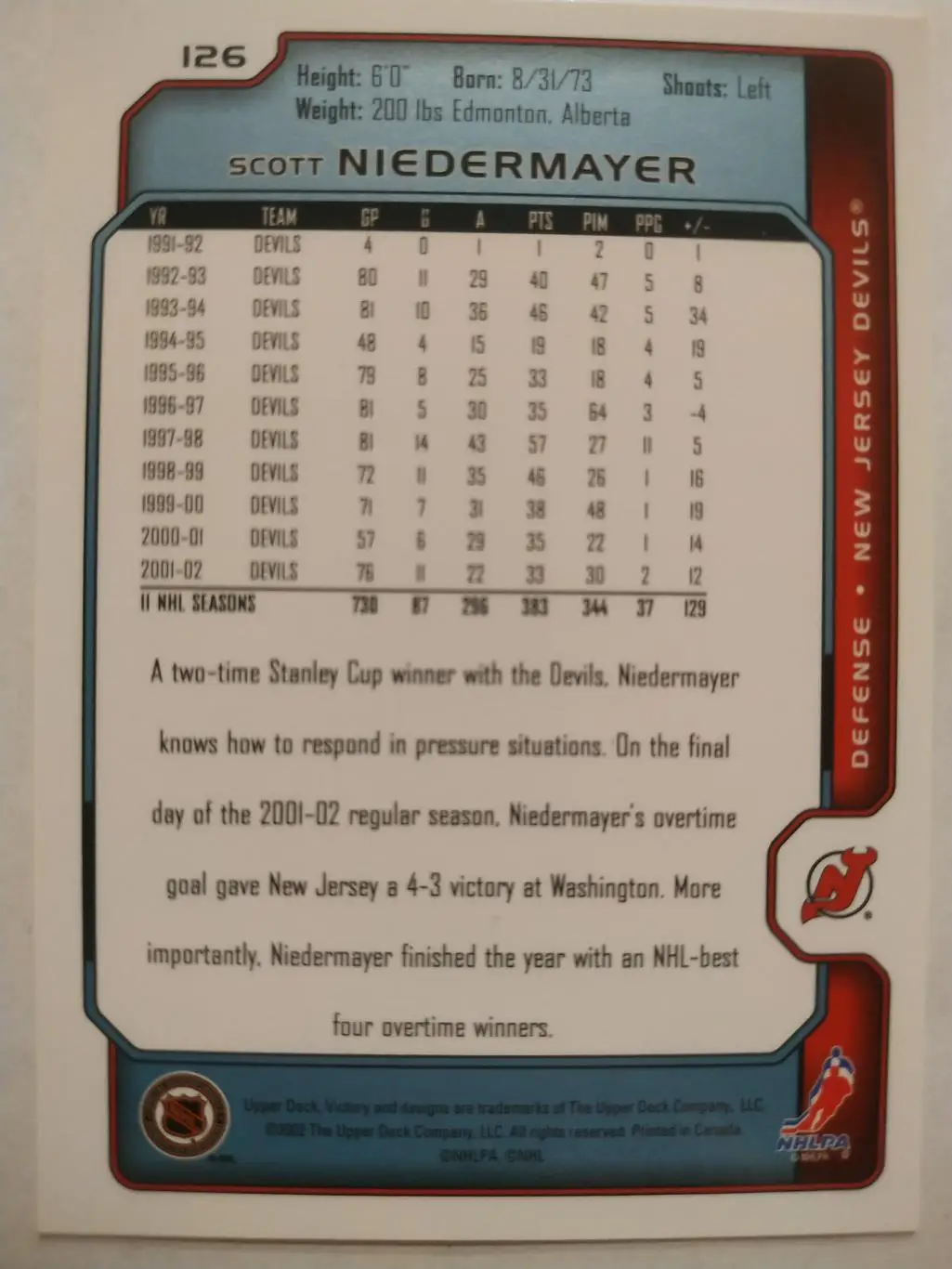 ХОККЕЙ КАРТОЧКА НХЛ UPPER DECK VICTORY 2002-03 NHL SCOTT NIEDERMAYER DEVILS #126 1
