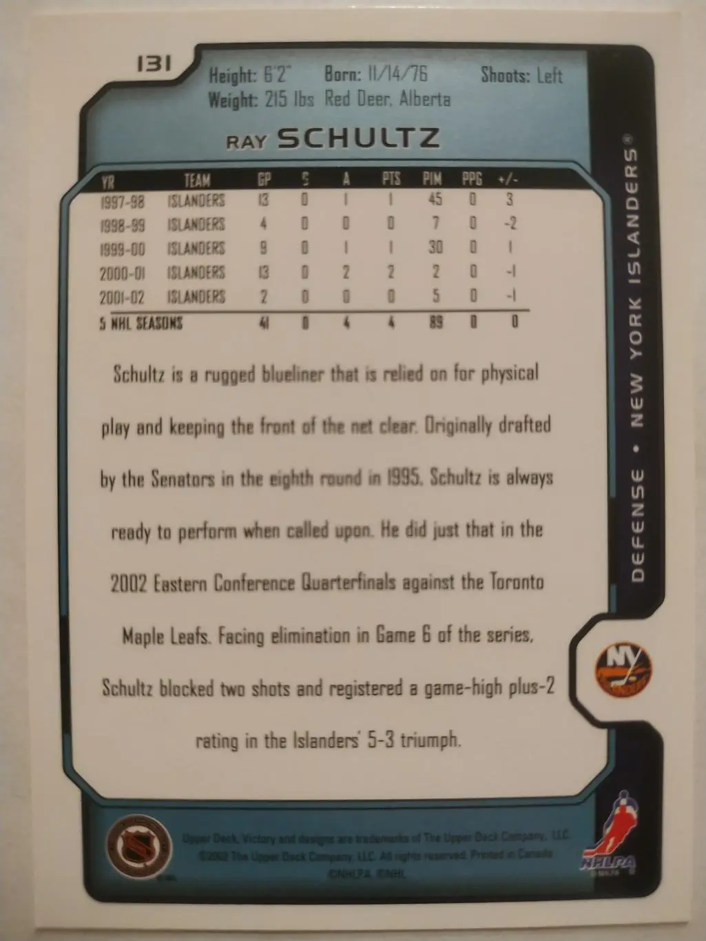 ХОККЕЙ КАРТОЧКА НХЛ UPPER DECK VICTORY 2002-03 NHL RAY SCHULTZ ISLANDERS #131 1