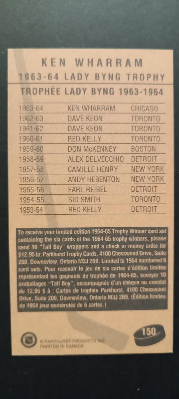 КАРТОЧКА НХЛ PARKHURST TALL BOYS 1994-1995 NHL KEN WHARRAM LADY BYNG TROPHY#150 1