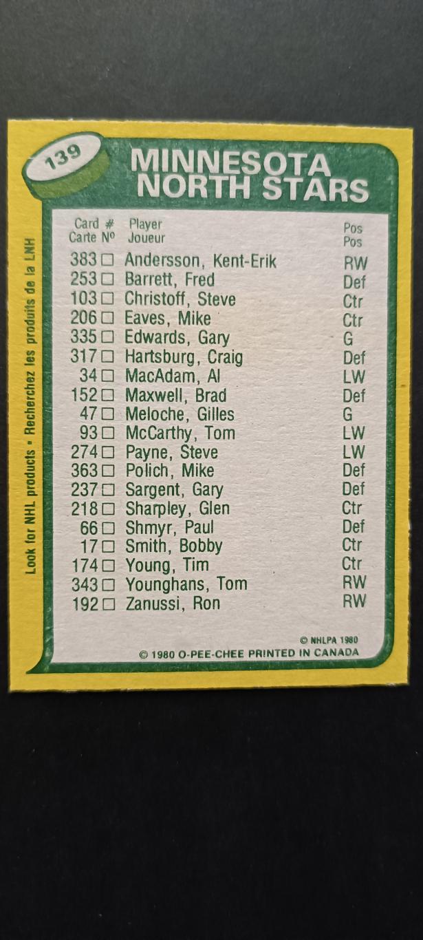 ХОККЕЙ КАРТОЧКА НХЛ O-PEE-CHEE 1980-81 NHL MINNESOTA NORTH STARS CHECKLIST #139 1