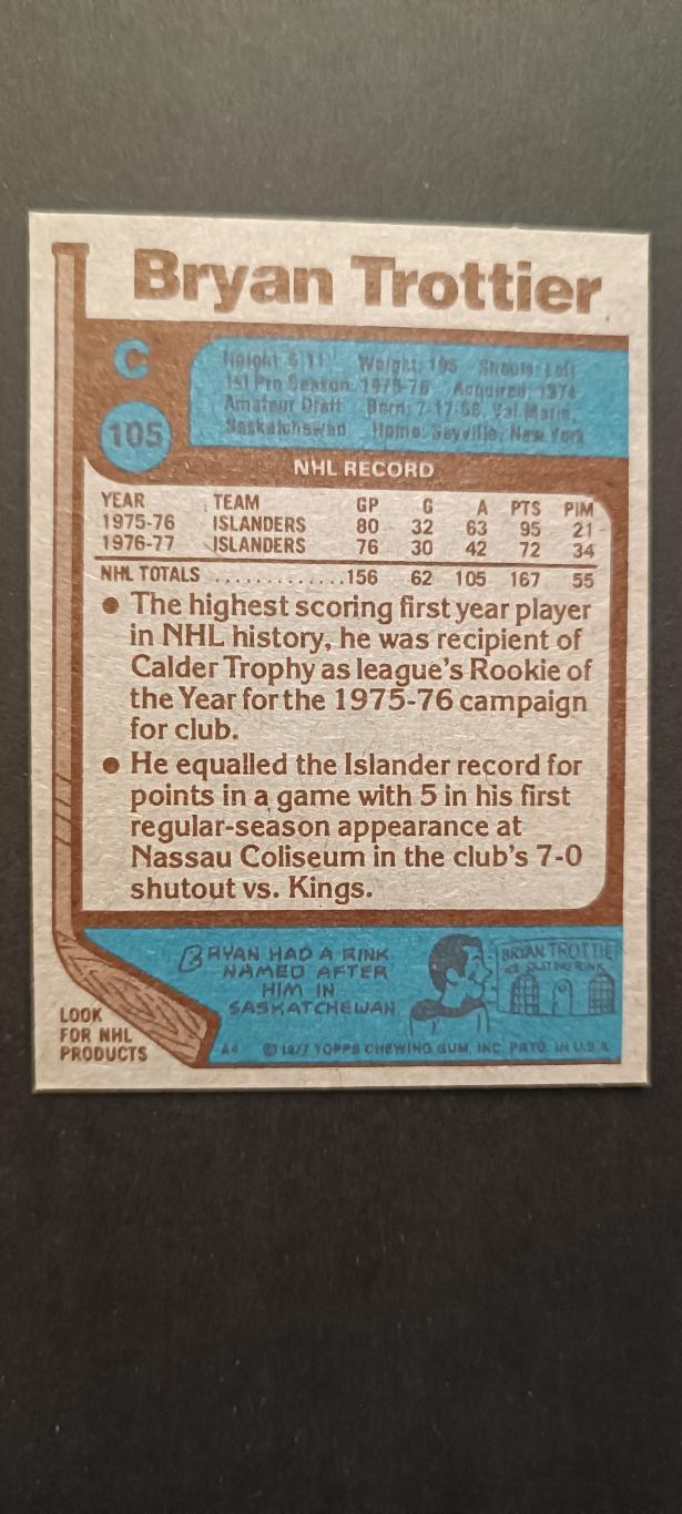 ХОККЕЙ КАРТОЧКА НХЛ TOPPS 1977-78 NHL BRYAN TROTTIER ISLANDERS #105 1