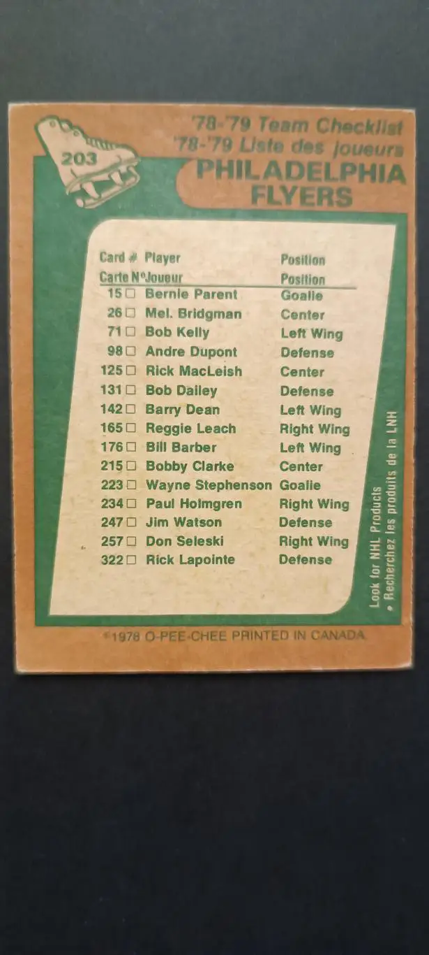 ХОККЕЙ КАРТОЧКА НХЛ O-PEE-CHEE 1978-79 NHL PHILADELPHIA TEAM CHECKLIST #203 1