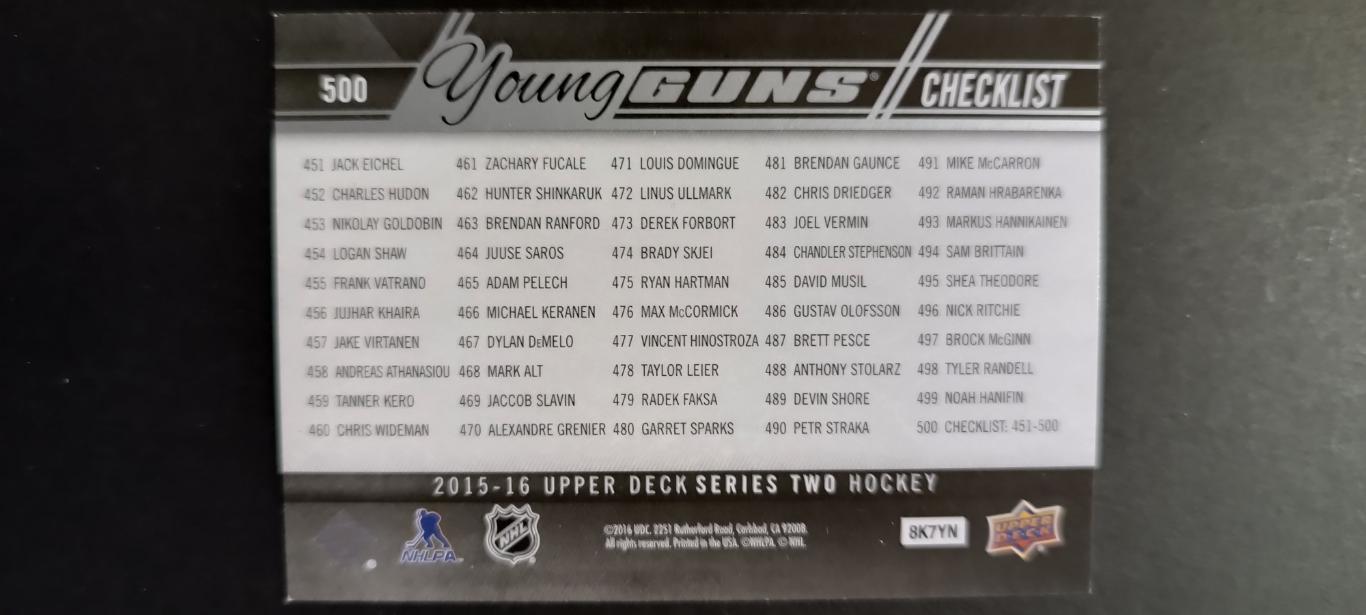 КАРТОЧКА НХЛ UPPER DECK SERIES TWO HOCKEY YOUNG GUNS 2015-16 NHL CHECKLIST #500 1