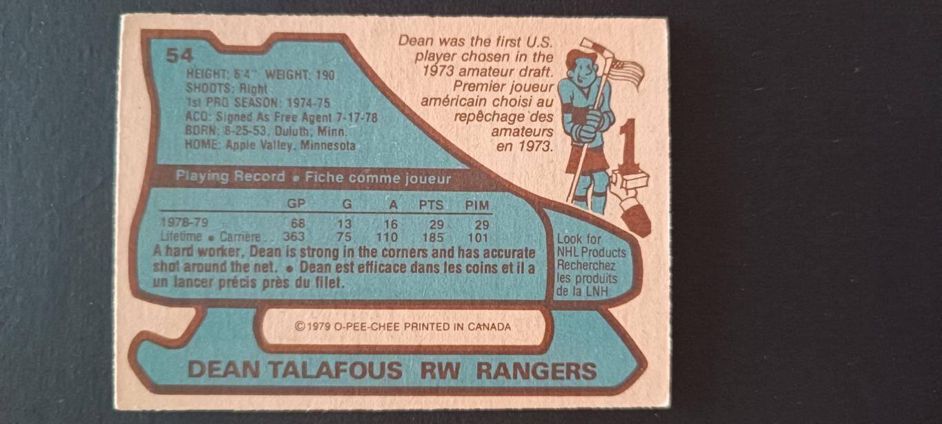 ХОККЕЙ КАРТОЧКА НХЛ O-PEE-CHEE 1979-80 NHL DEAN TALAFOUS NEW YORK RANGERS #54 1