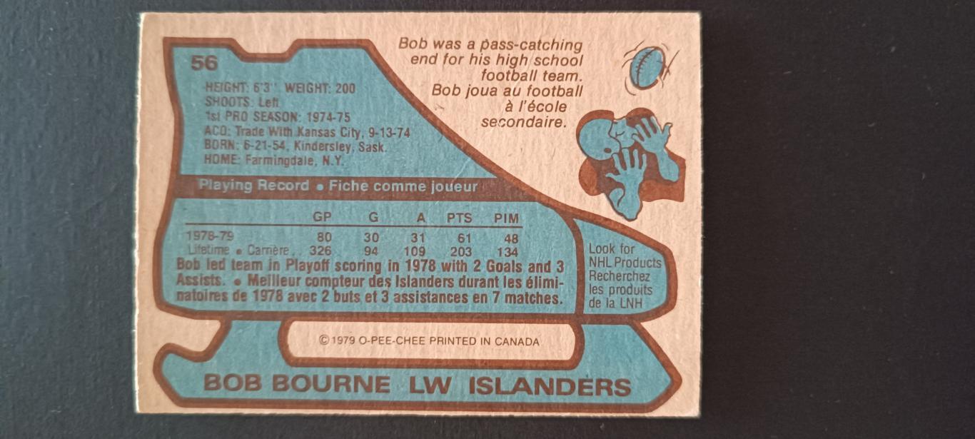 ХОККЕЙ КАРТОЧКА НХЛ O-PEE-CHEE 1979-80 NHL BOB BOURNE NEW YORK ISLANDERS #56 1
