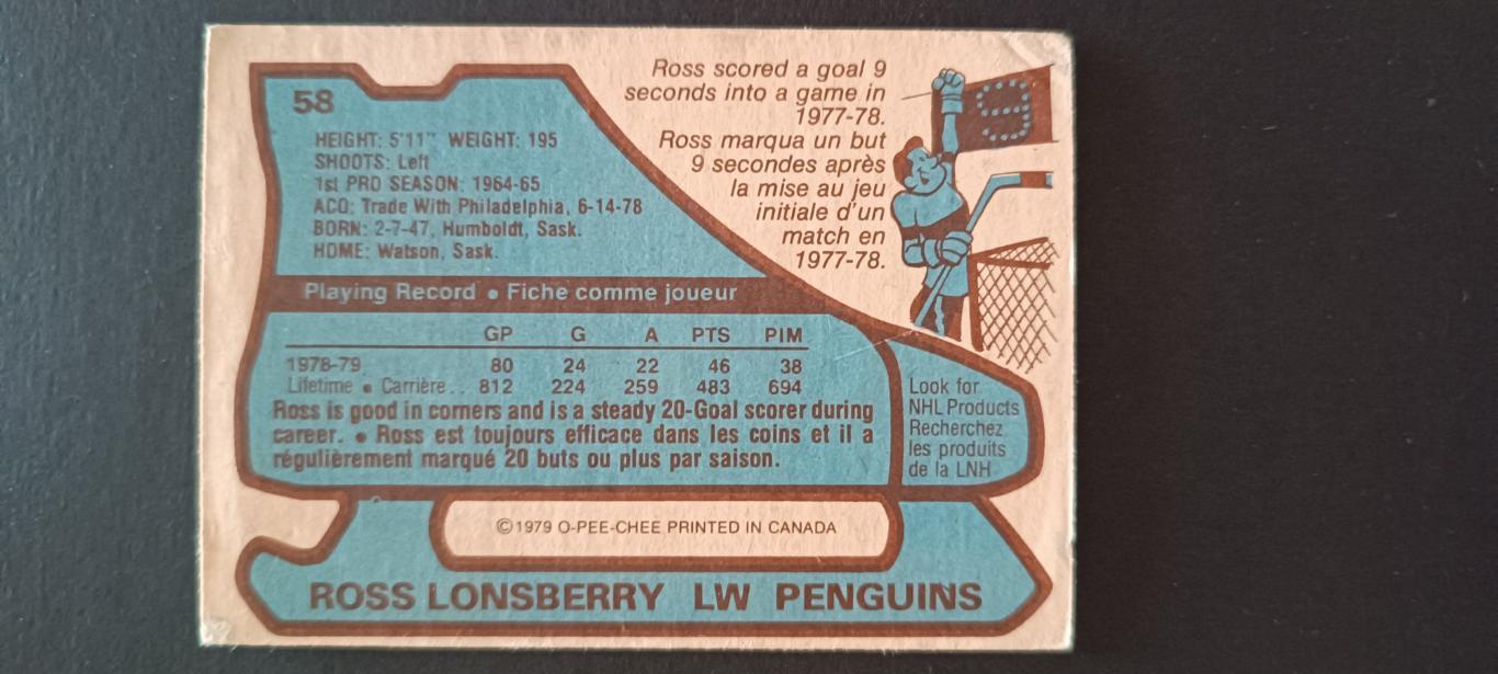 ХОККЕЙ КАРТОЧКА НХЛ O-PEE-CHEE 1979-80 NHL ROSS LONSBERRY PITTSBURGH #58 1
