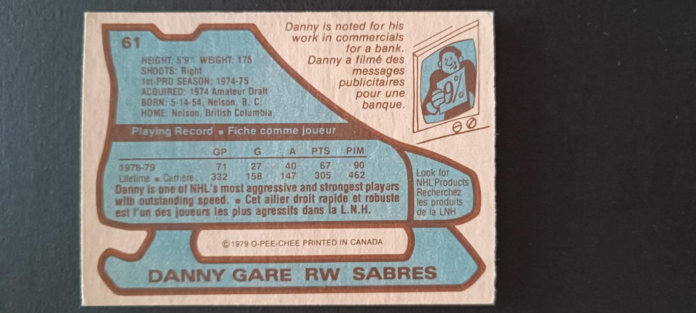 ХОККЕЙ КАРТОЧКА НХЛ O-PEE-CHEE 1979-80 NHL DANNY GARE BUFFALO SABRES #61 1