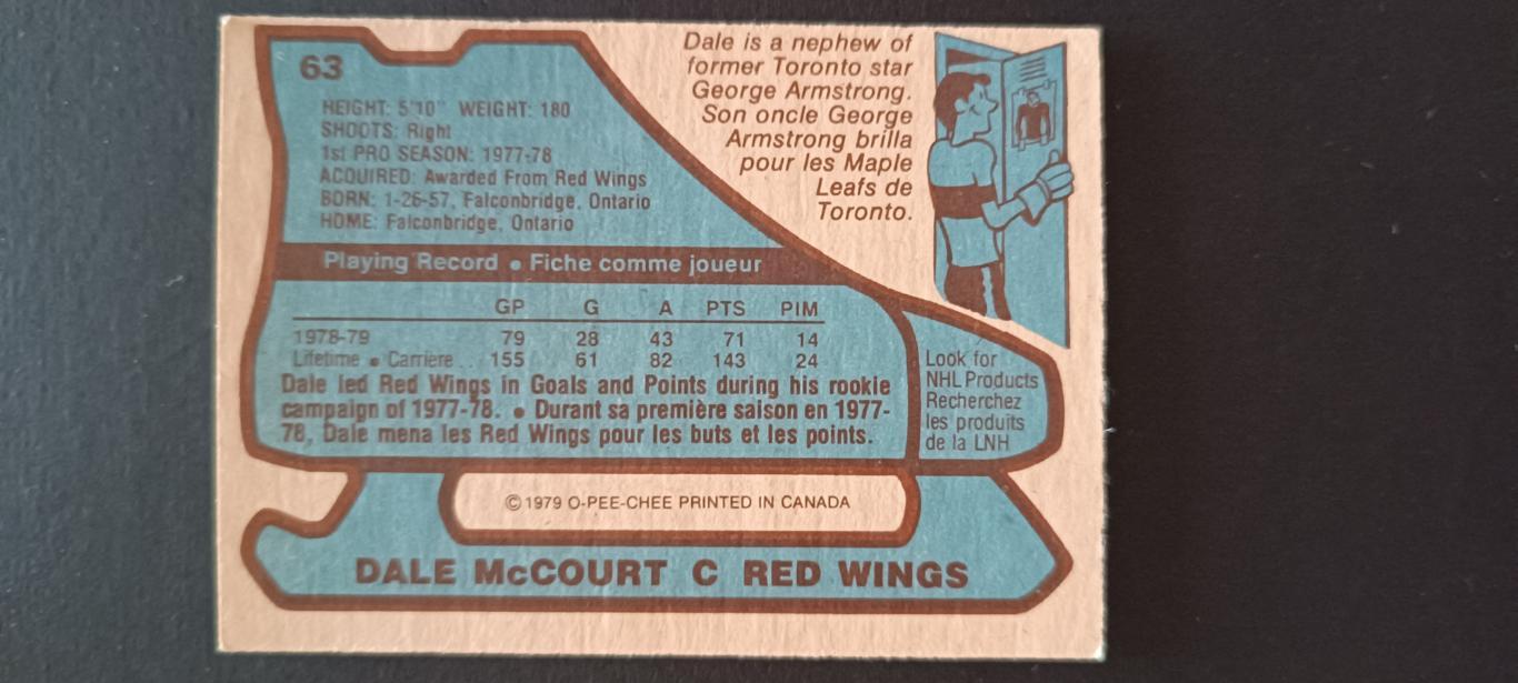 ХОККЕЙ КАРТОЧКА НХЛ O-PEE-CHEE 1979-80 NHL DALE MCCOURT DETROIT RED WINGS #63 1
