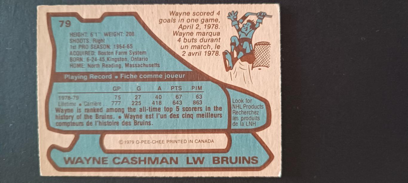ХОККЕЙ КАРТОЧКА НХЛ O-PEE-CHEE 1979-80 NHL WAYNE CASHMAN BOSTON BRUINS #79 1