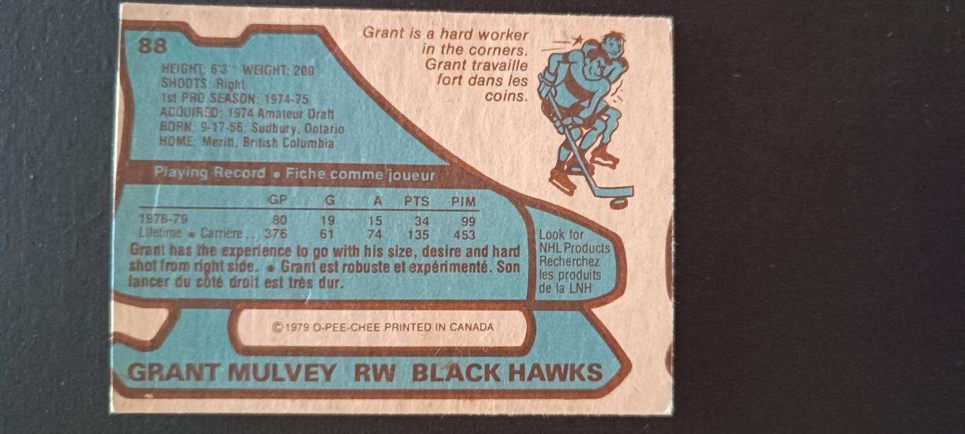 ХОККЕЙ КАРТОЧКА НХЛ O-PEE-CHEE 1979-80 NHL GRANT MULVEY CHICAGO BLACK HAWKS #88 1