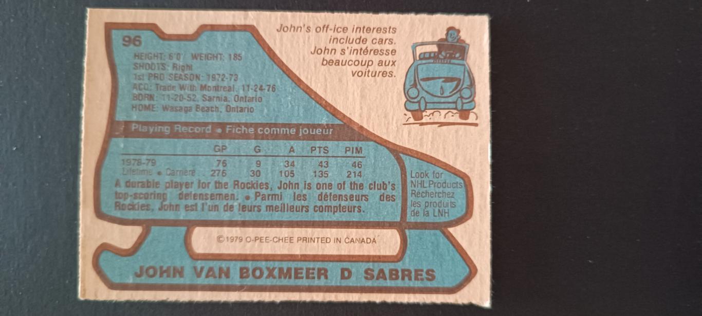 ХОККЕЙ КАРТОЧКА НХЛ O-PEE-CHEE 1979-80 NHL JOHN VAN BOXMEER BUFFALO SABRES #96 1