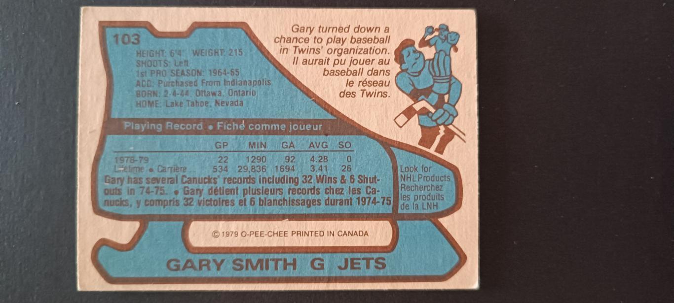 ХОККЕЙ КАРТОЧКА НХЛ O-PEE-CHEE 1979-80 NHL GARY SMITH WINNIPEG JETS #103 1