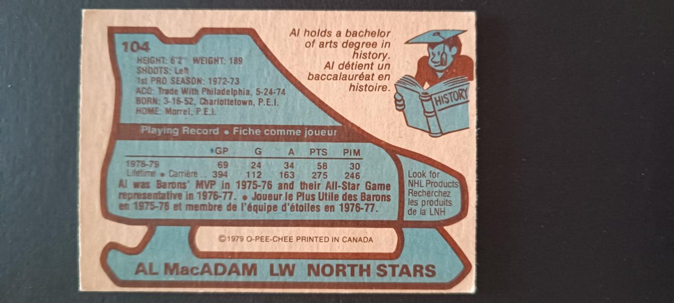 ХОККЕЙ КАРТОЧКА НХЛ O-PEE-CHEE 1979-80 NHL AL MACADAM MINNESOTA NORTH STARS #104 1