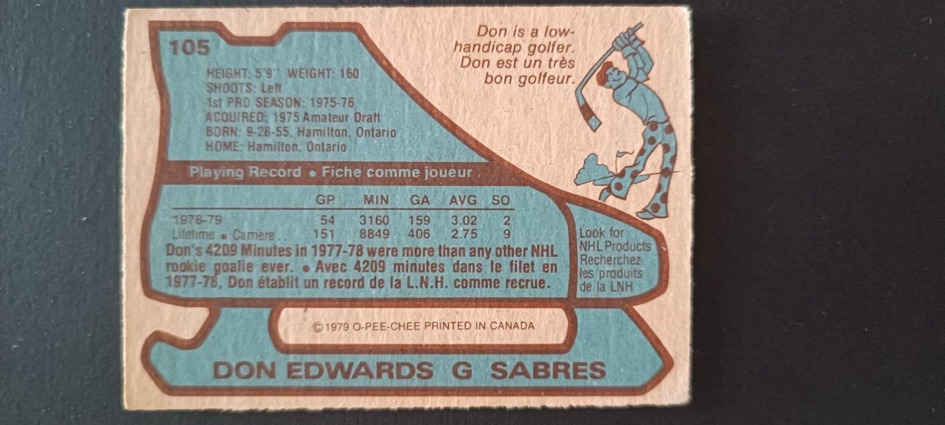 ХОККЕЙ КАРТОЧКА НХЛ O-PEE-CHEE 1979-80 NHL DON EDWARDS BUFFALO SABRES #105 1