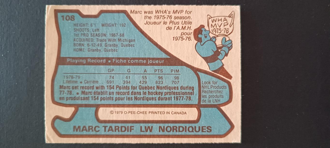 ХОККЕЙ КАРТОЧКА НХЛ O-PEE-CHEE 1979-80 NHL MARC TARDIF QUEBEC NORDIQUES #108 1
