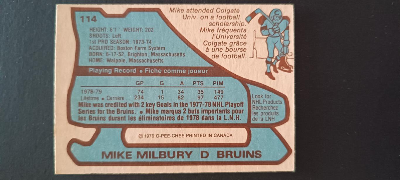 ХОККЕЙ КАРТОЧКА НХЛ O-PEE-CHEE 1979-80 NHL MIKE MILBURY BOSTON BRUINS #114 1