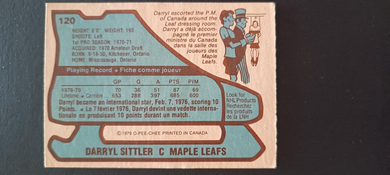 ХОККЕЙ КАРТОЧКА НХЛ O-PEE-CHEE 1979-80 NHL DARRYL SITTLER TORONTO #120 1