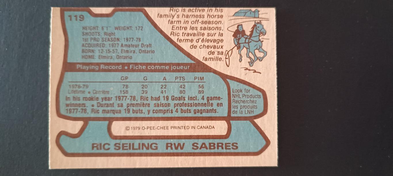 ХОККЕЙ КАРТОЧКА НХЛ O-PEE-CHEE 1979-80 NHL RIC SEILING BUFFALO SABRES #119 1