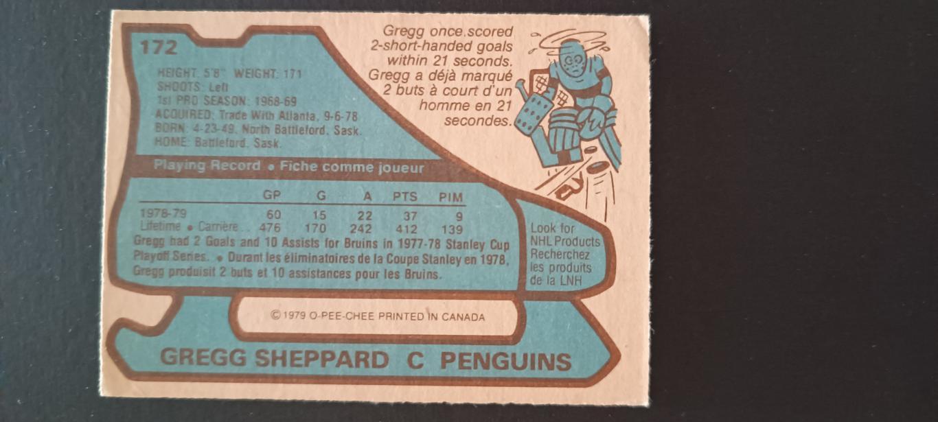 ХОККЕЙ КАРТОЧКА НХЛ O-PEE-CHEE 1979-80 NHL GREGG SHEPPARD PITTSBURGH #172 1