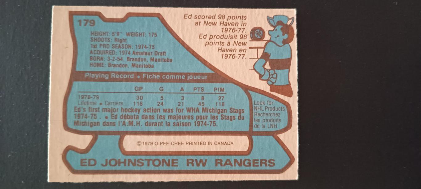 ХОККЕЙ КАРТОЧКА НХЛ O-PEE-CHEE 1979-80 NHL ED JOHNSTONE NEW YORK RANGERS #179 1