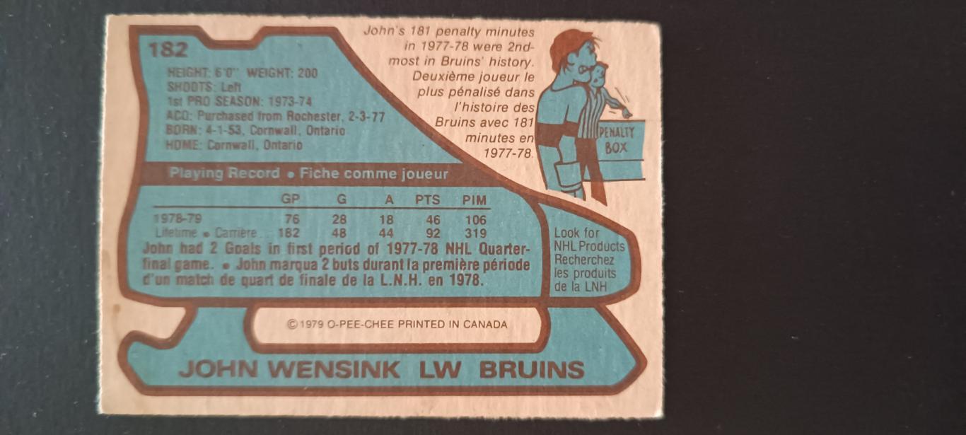 ХОККЕЙ КАРТОЧКА НХЛ O-PEE-CHEE 1979-80 NHL JOHN WENSINK BOSTON BRUINS #182 1
