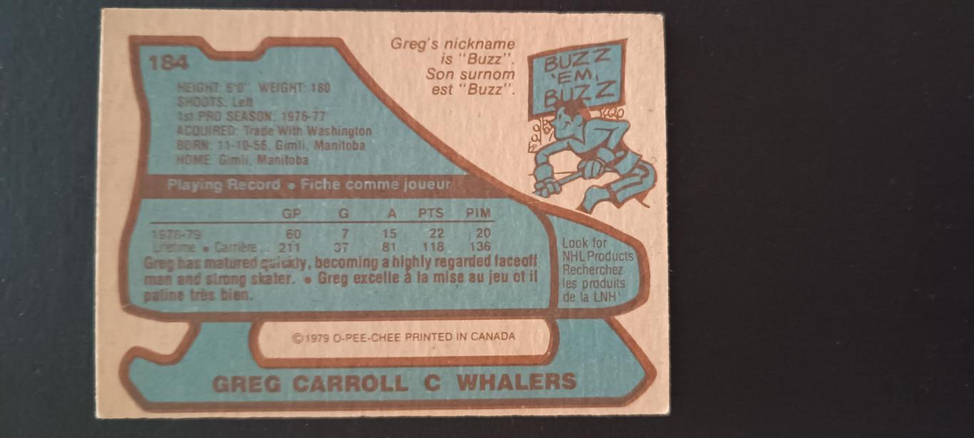 ХОККЕЙ КАРТОЧКА НХЛ O-PEE-CHEE 1979-80 NHL GREG CARROLL HARTFORD WHALERS #184 1