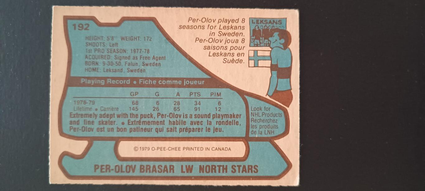 ХОККЕЙ КАРТОЧКА НХЛ O-PEE-CHEE 1979-80 NHL PER-OLOV BRASAR MINNESOTA #192 1
