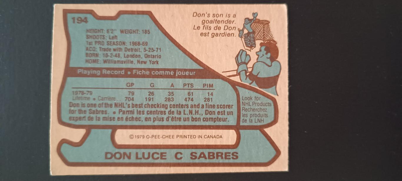 ХОККЕЙ КАРТОЧКА НХЛ O-PEE-CHEE 1979-80 NHL DON LUCE BUFFALO SABRES #194 1
