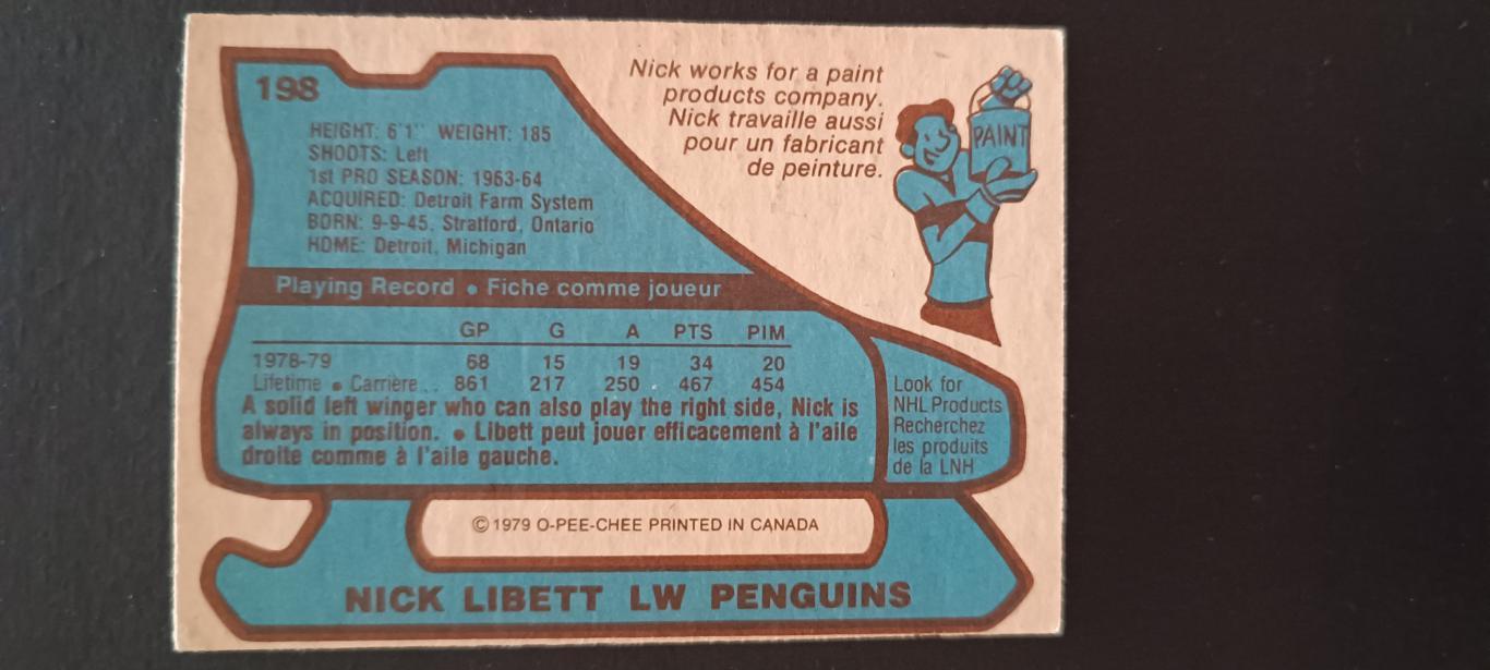 ХОККЕЙ КАРТОЧКА НХЛ O-PEE-CHEE 1979-80 NHL NICK LIBETT PITTSBURGH PENGUINS #198 1
