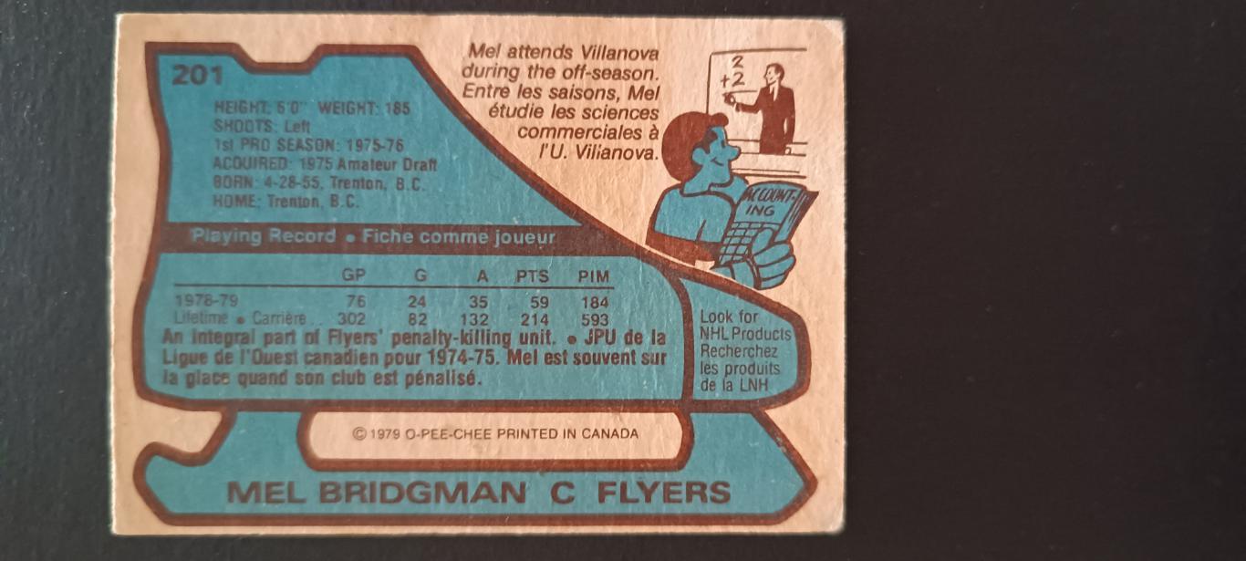 ХОККЕЙ КАРТОЧКА НХЛ O-PEE-CHEE 1979-80 NHL MEL BRIDGMAN PHILADELPHIA FLYERS #201 1