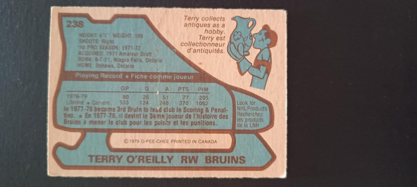 ХОККЕЙ КАРТОЧКА НХЛ O-PEE-CHEE 1979-80 NHL TERRY O REILLY BOSTON BRUINS #238 1