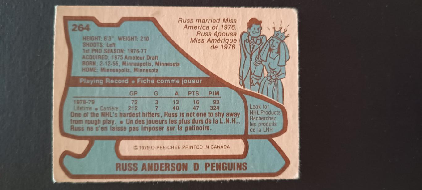 ХОККЕЙ КАРТОЧКА НХЛ O-PEE-CHEE 1979-80 NHL RUSS ANDERSON PITTSBURGH #264 1