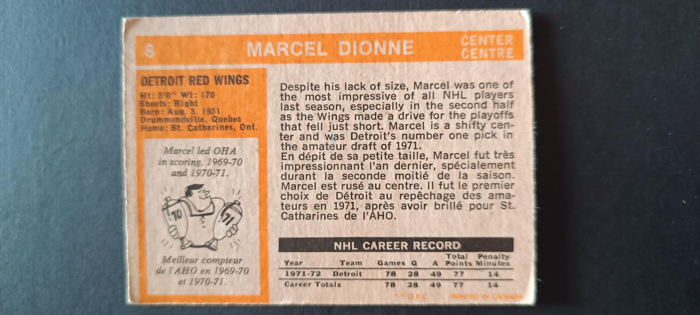 ХОККЕЙ КАРТОЧКА НХЛ O-PEE-CHEE 1972-73 NHL MARCEL DIONNE DETROIT RED WINGS 1 #8 1